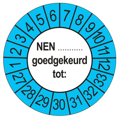 Keuringsstickers NEN (zelf in te vullen) Goedgekeurd tot 2027 | 50 stuks, Ø 35 mm | Buiten Blauw