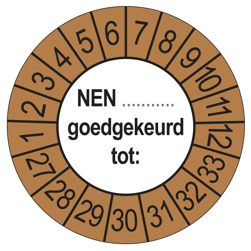 Keuringsstickers NEN (zelf in te vullen) Goedgekeurd tot 2027 | 50 stuks, Ø 35 mm | Buiten Bruin