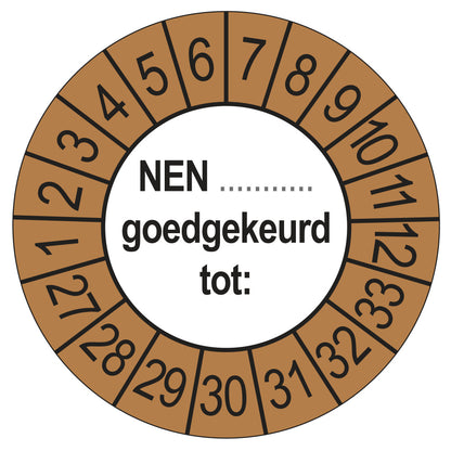 Keuringsstickers NEN (zelf in te vullen) Goedgekeurd tot 2027 | 50 stuks, Ø 35 mm | Buiten Bruin