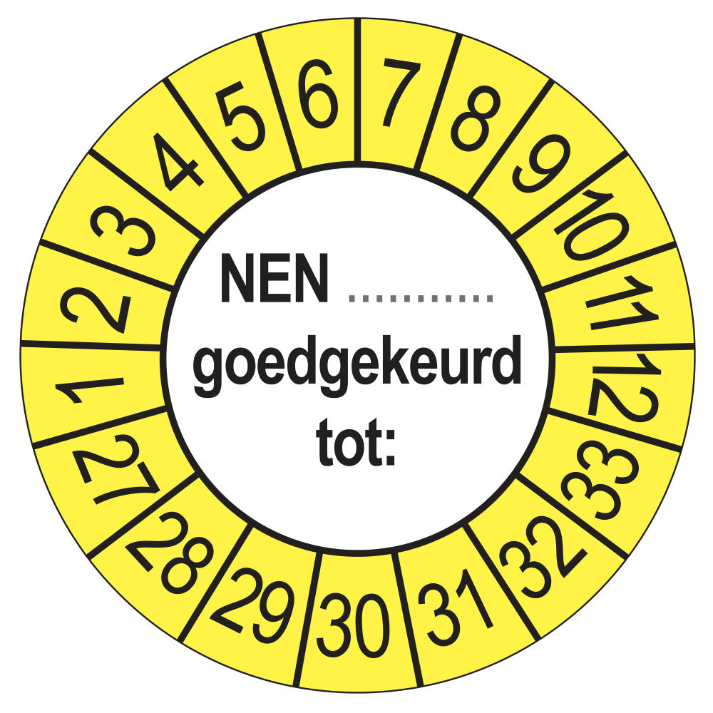Keuringsstickers NEN (zelf in te vullen) Goedgekeurd tot 2027 | 50 stuks, Ø 35 mm | Buiten Geel