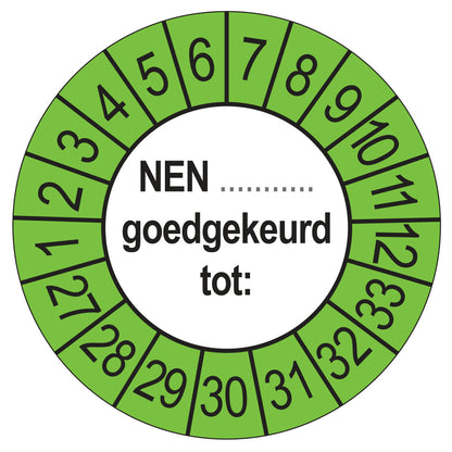 Keuringsstickers NEN (zelf in te vullen) Goedgekeurd tot 2027 | 50 stuks, Ø 35 mm | Buiten Groen