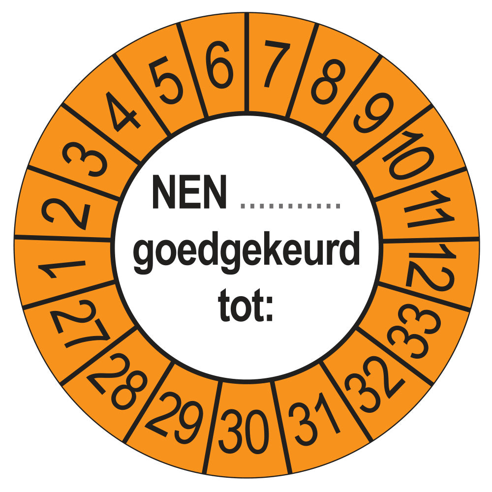 Keuringsstickers NEN (zelf in te vullen) Goedgekeurd tot 2027 | 50 stuks, Ø 35 mm | Buiten Oranje