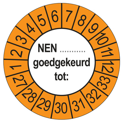Keuringsstickers NEN (zelf in te vullen) Goedgekeurd tot 2027 | 50 stuks, Ø 35 mm | Buiten Oranje
