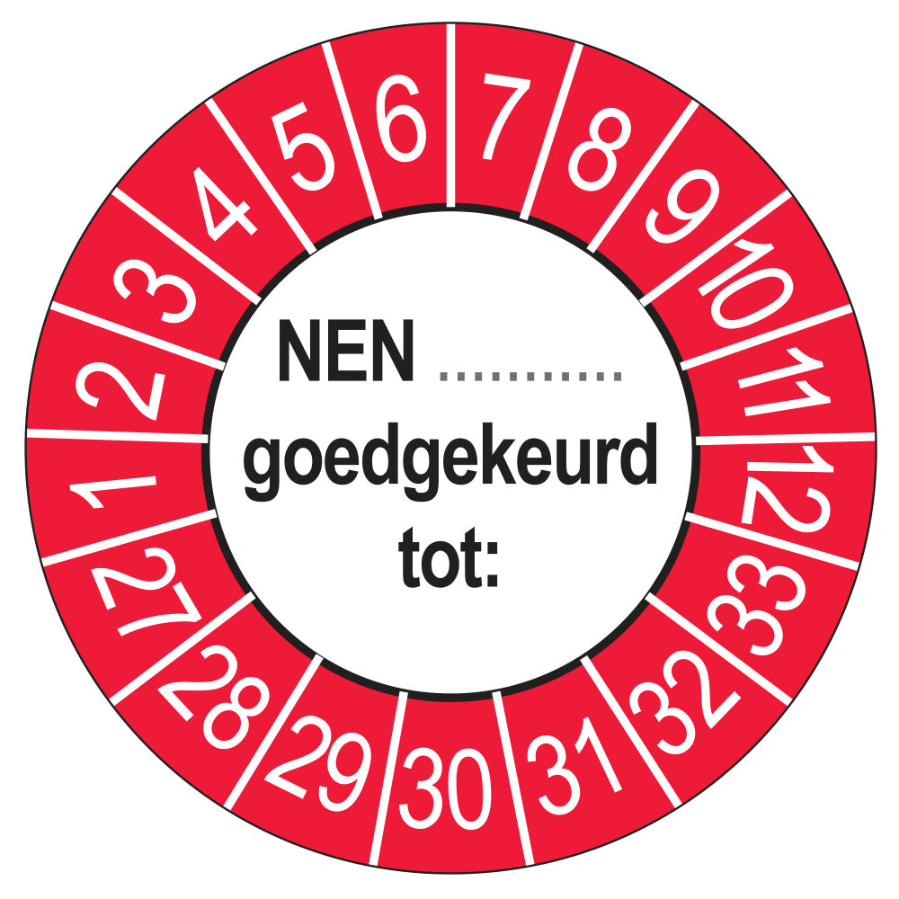 Keuringsstickers NEN (zelf in te vullen) Goedgekeurd tot 2027 | 50 stuks, Ø 35 mm | Buiten Rood