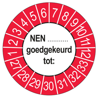 Keuringsstickers NEN (zelf in te vullen) Goedgekeurd tot 2027 | 50 stuks, Ø 35 mm | Buiten Rood