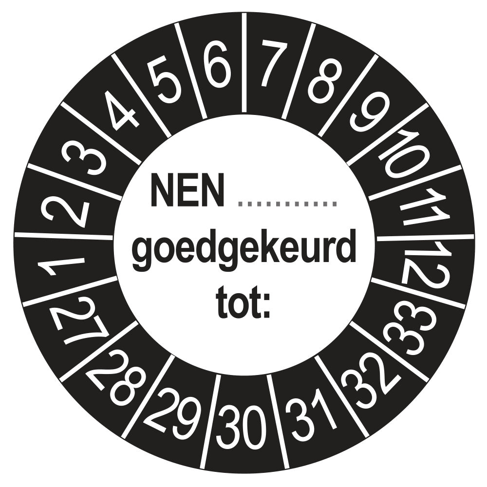 Keuringsstickers NEN (zelf in te vullen) Goedgekeurd tot 2027 | 50 stuks, Ø 35 mm | Buiten Zwart