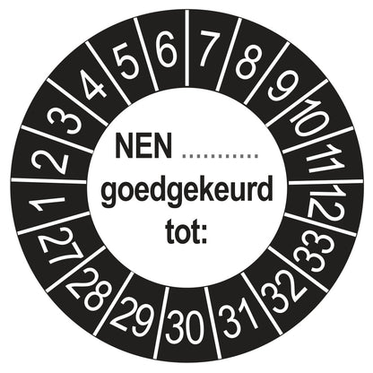 Keuringsstickers NEN (zelf in te vullen) Goedgekeurd tot 2027 | 50 stuks, Ø 35 mm | Buiten Zwart