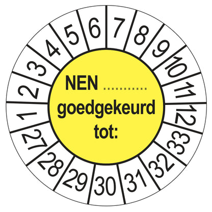 Keuringsstickers NEN (zelf in te vullen) Goedgekeurd tot 2027 | 50 stuks, Ø 35 mm | Geel