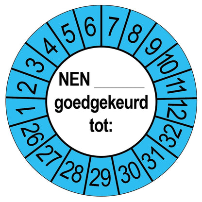 Keuringssticker NEN goedgekeurd tot, rond 35 mm, blauw voor buiten, met de maanden 1 tot 12 en de jaren 26 tot 32 rondom