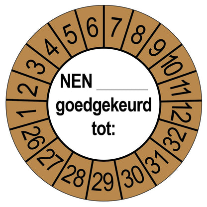 Keuringssticker NEN goedgekeurd tot, rond 35 mm, bruin voor buiten, met de maanden 1 tot 12 en de jaren 26 tot 32 rondom