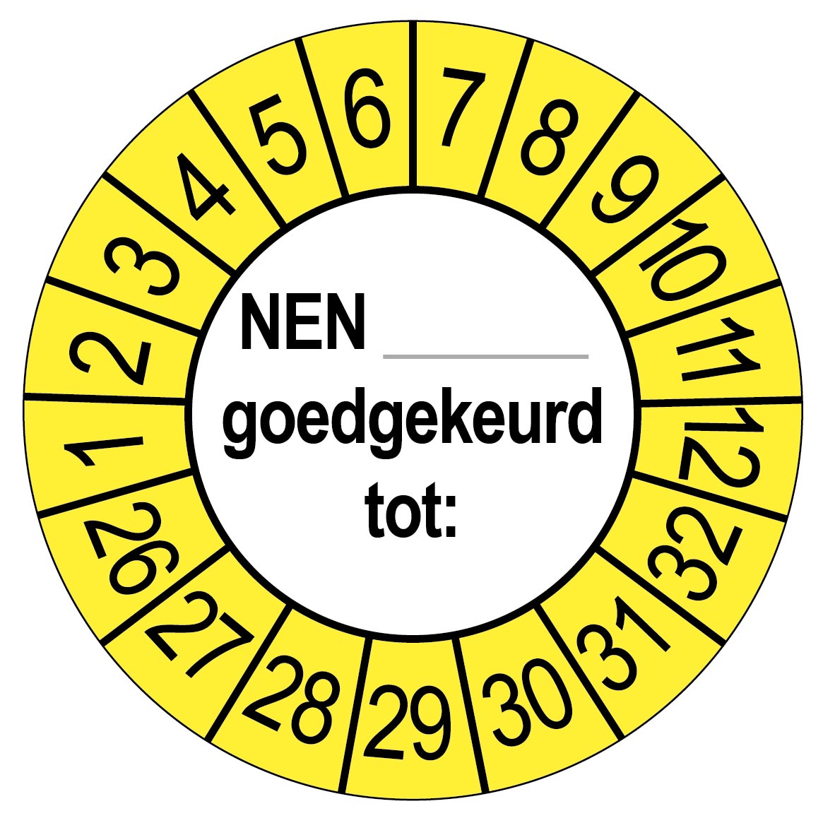 Keuringsstickers NEN..... Goedgekeurd tot  | 50 stuks 10 strips 35mm | Buiten Geel