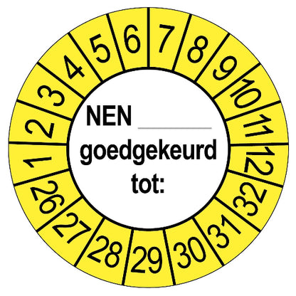 Keuringssticker NEN goedgekeurd tot, rond 35 mm, geel voor buiten, met de maanden 1 tot 12 en de jaren 26 tot 32 rondom