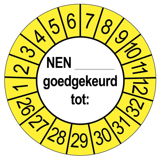 Keuringsstickers NEN..... Goedgekeurd tot  | 50 stuks 10 strips 35mm | Buiten Geel