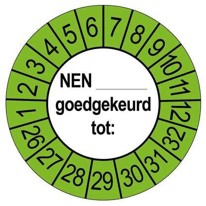 Keuringssticker NEN goedgekeurd tot, rond 35 mm, groen voor buiten, met de maanden 1 tot 12 en de jaren 26 tot 32 rondom
