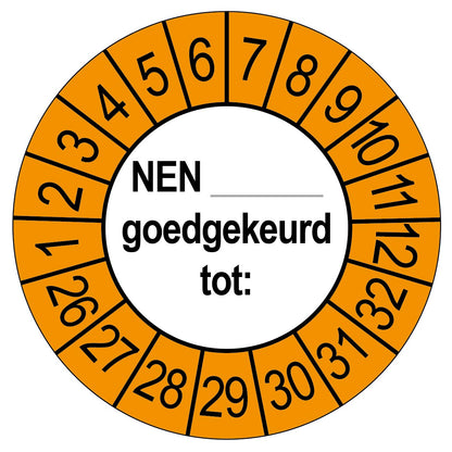 Keuringssticker NEN goedgekeurd tot, rond 35 mm, oranje voor buiten, met de maanden 1 tot 12 en de jaren 26 tot 32 rondom
