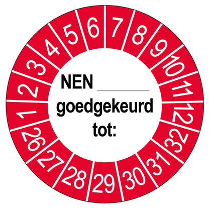 Keuringssticker NEN goedgekeurd tot, rond 35 mm, rood, met de maanden 1 tot 12 en de jaren 26 tot 32 rondom
