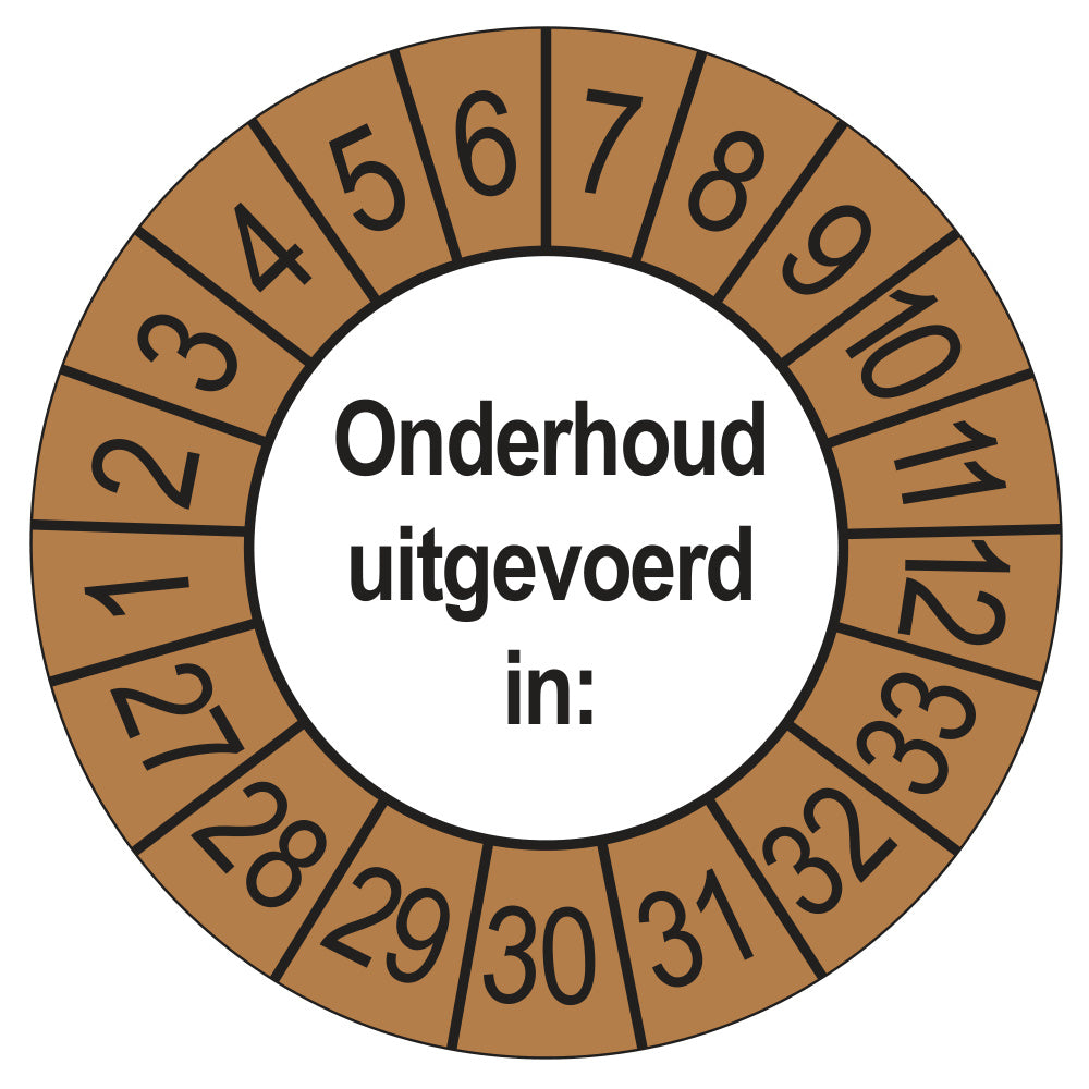 Keuringsstickers Onderhoud Uitgevoerd 2027 | 50 stuks, Ø 35 mm | Buiten Bruin