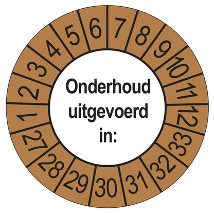 Keuringsstickers Onderhoud Uitgevoerd 2027 | 50 stuks, Ø 35 mm | Buiten Bruin