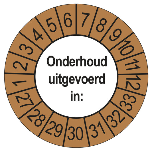 Keuringsstickers Onderhoud Uitgevoerd 2027 | 50 stuks, Ø 35 mm | Buiten Bruin