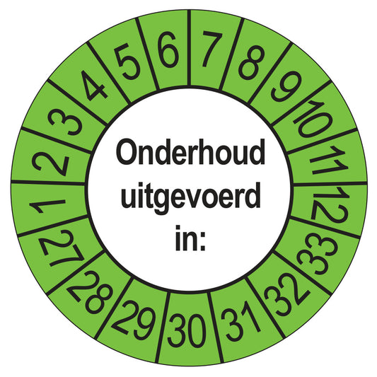 Keuringsstickers Onderhoud Uitgevoerd 2027 | 50 stuks, Ø 35 mm | Buiten Groen