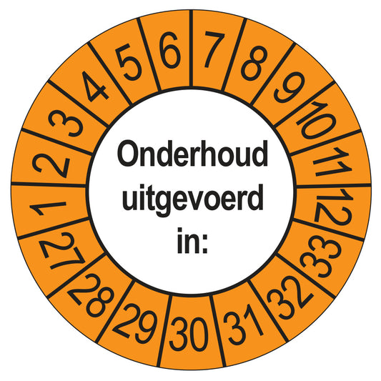 Keuringsstickers Onderhoud Uitgevoerd 2027 | 50 stuks, Ø 35 mm | Buiten Oranje