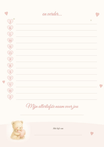 Achterkant babyshower namenspel met letters J tot Z en ruimte voor je allerliefste naam