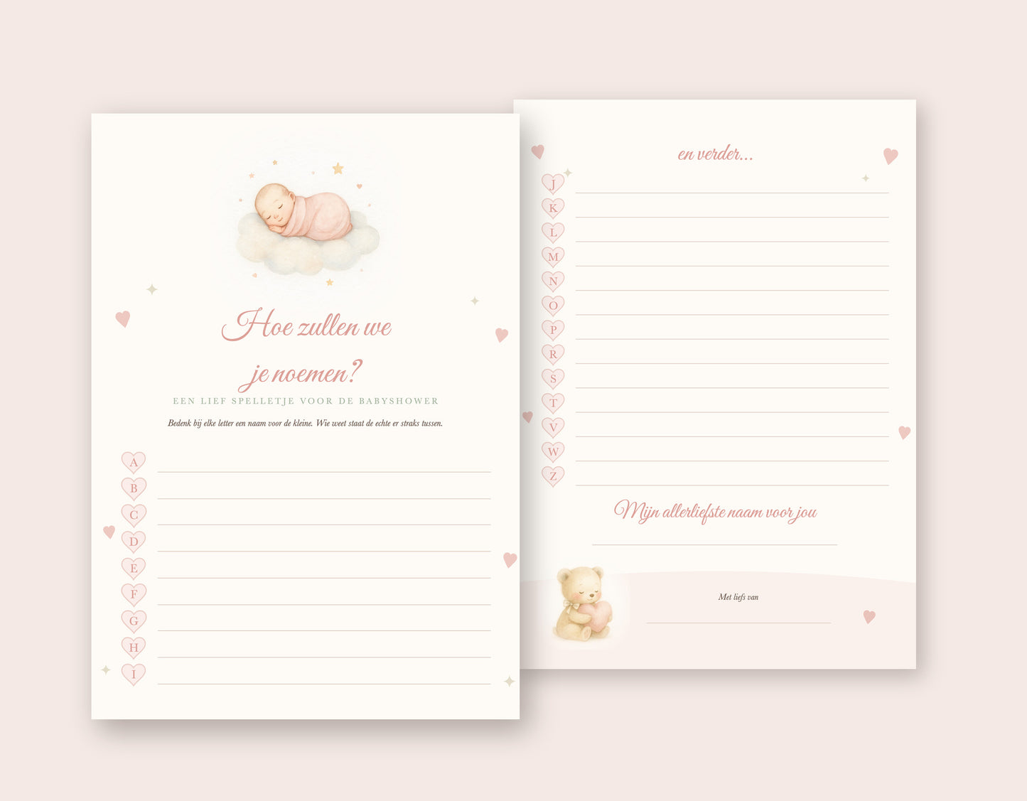 Babyshower spel babynamen: voorkant met alfabet A tot I en achterkant met J tot Z