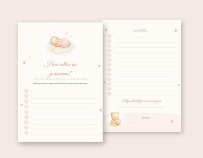 Babyshower spel babynamen: voorkant met alfabet A tot I en achterkant met J tot Z