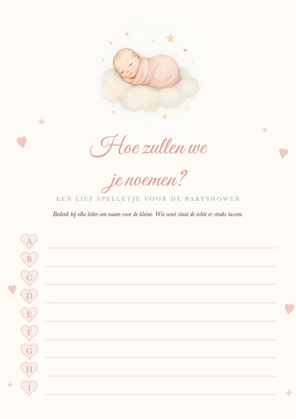 Voorkant babyshower namenspel met aquarel baby'tje op een wolk en letters A tot I in hartjes