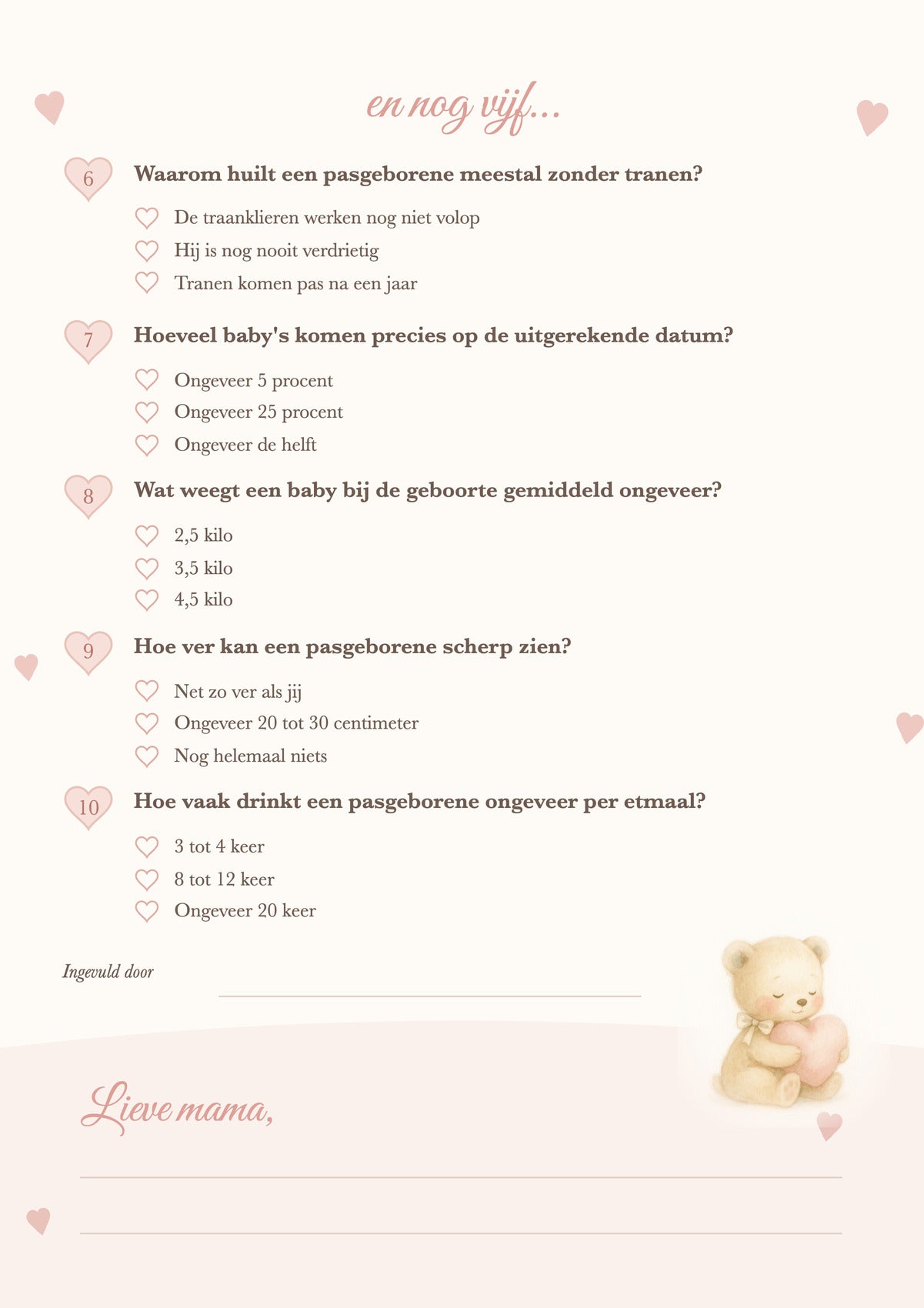 Achterkant babyshower quizkaart met vijf vragen en een lief blok voor een woordje aan mama
