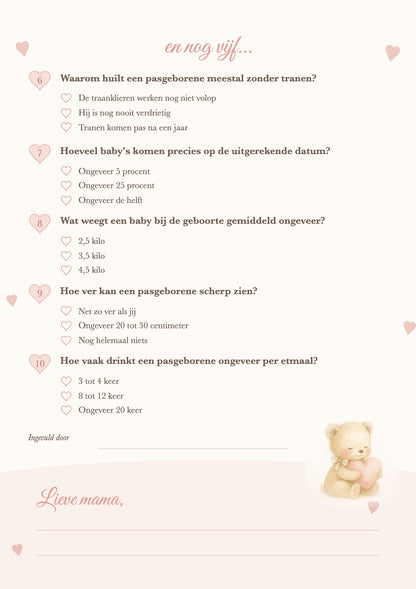 Achterkant babyshower quizkaart met vijf vragen en een lief blok voor een woordje aan mama