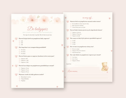 Babyshower quiz A5: voorkant met vraag 1 tot 5 en achterkant met vraag 6 tot 10 over baby's