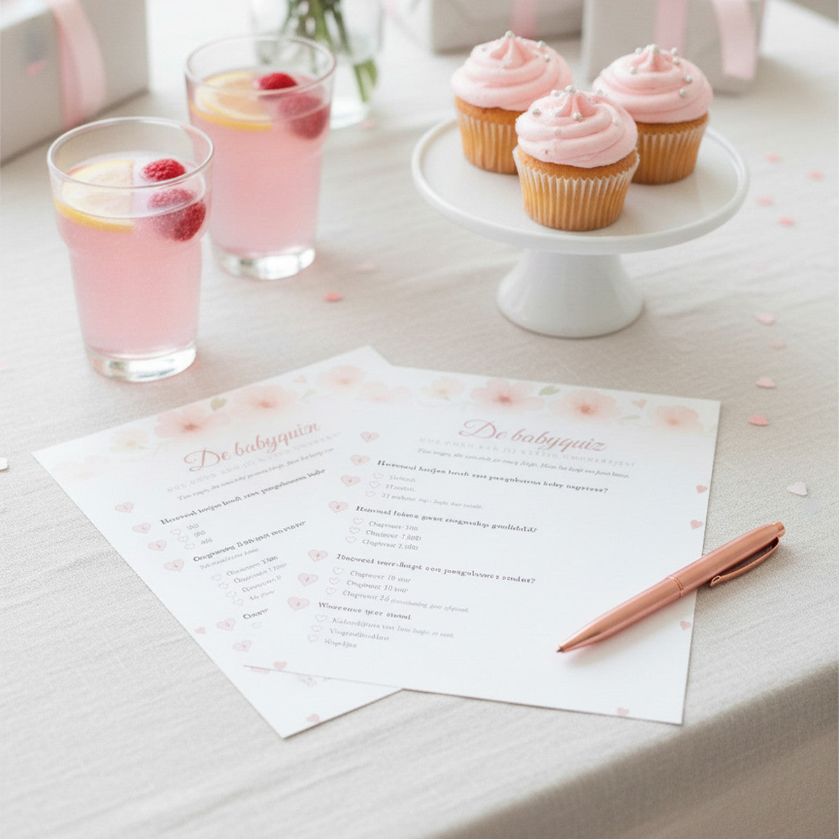 Babyshower quizkaart met het losse antwoordvel op een feesttafel met limonade en cupcakes