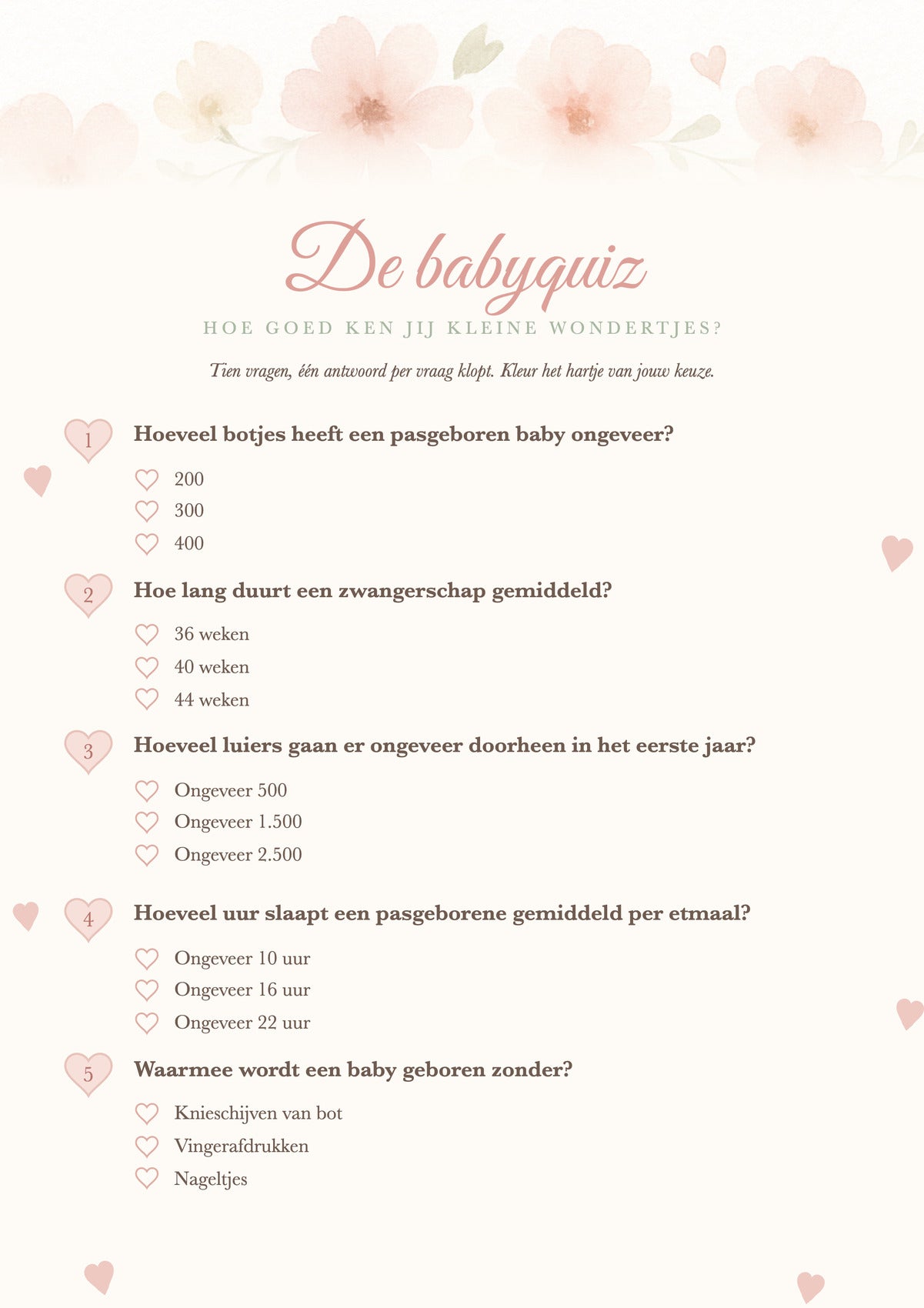 Voorkant babyshower quizkaart met bloemenboog en vijf weetjesvragen met hartjes om aan te kruisen