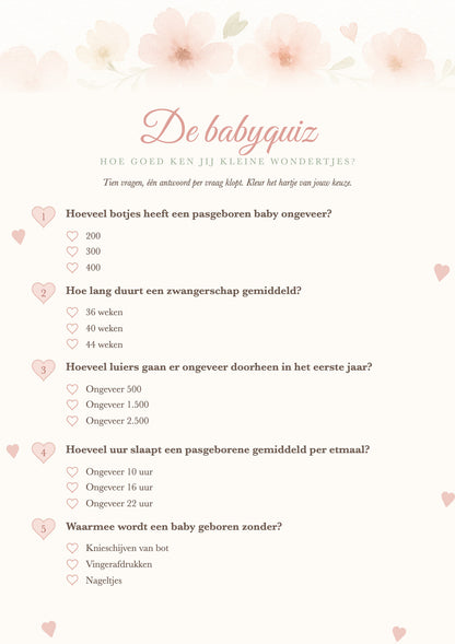 Voorkant babyshower quizkaart met bloemenboog en vijf weetjesvragen met hartjes om aan te kruisen