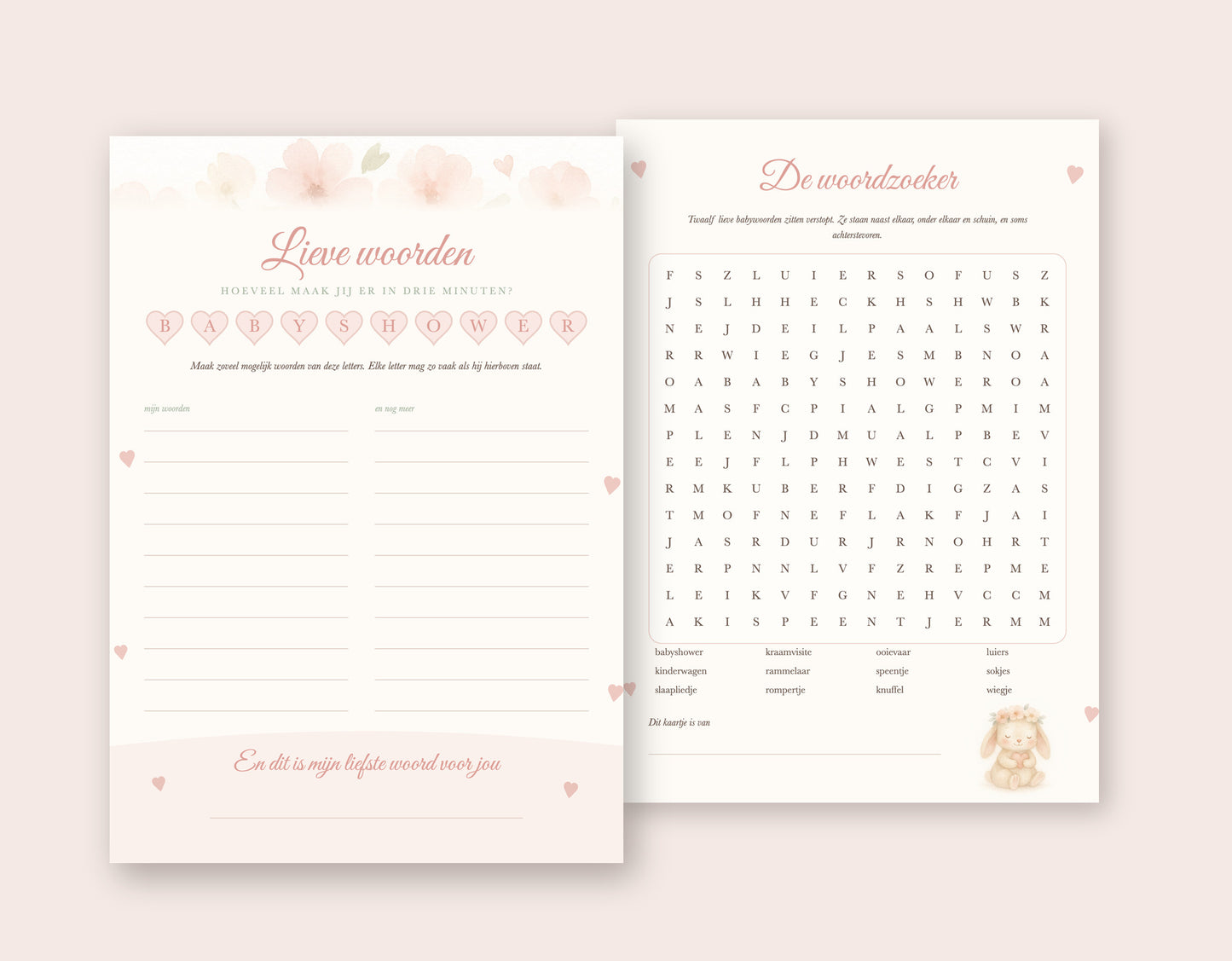 Babyshower woordspel A5: voorkant Lieve woorden en achterkant met de woordzoeker