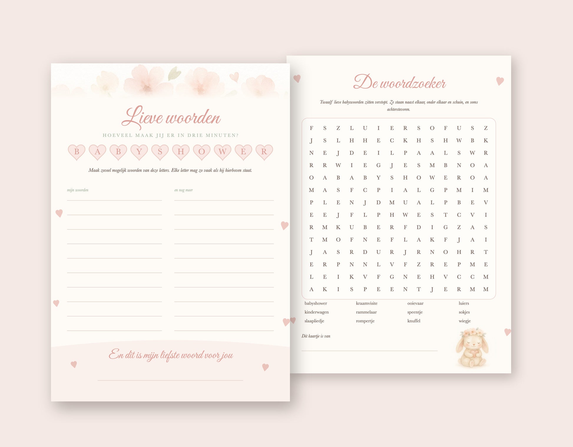 Babyshower woordspel A5: voorkant Lieve woorden en achterkant met de woordzoeker