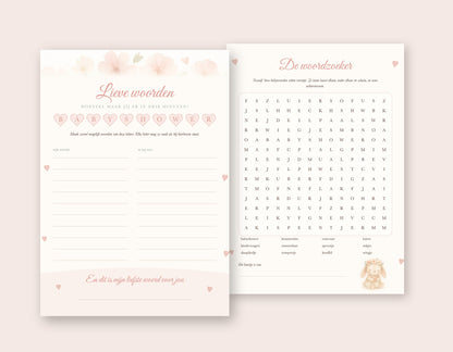 Babyshower woordspel A5: voorkant Lieve woorden en achterkant met de woordzoeker