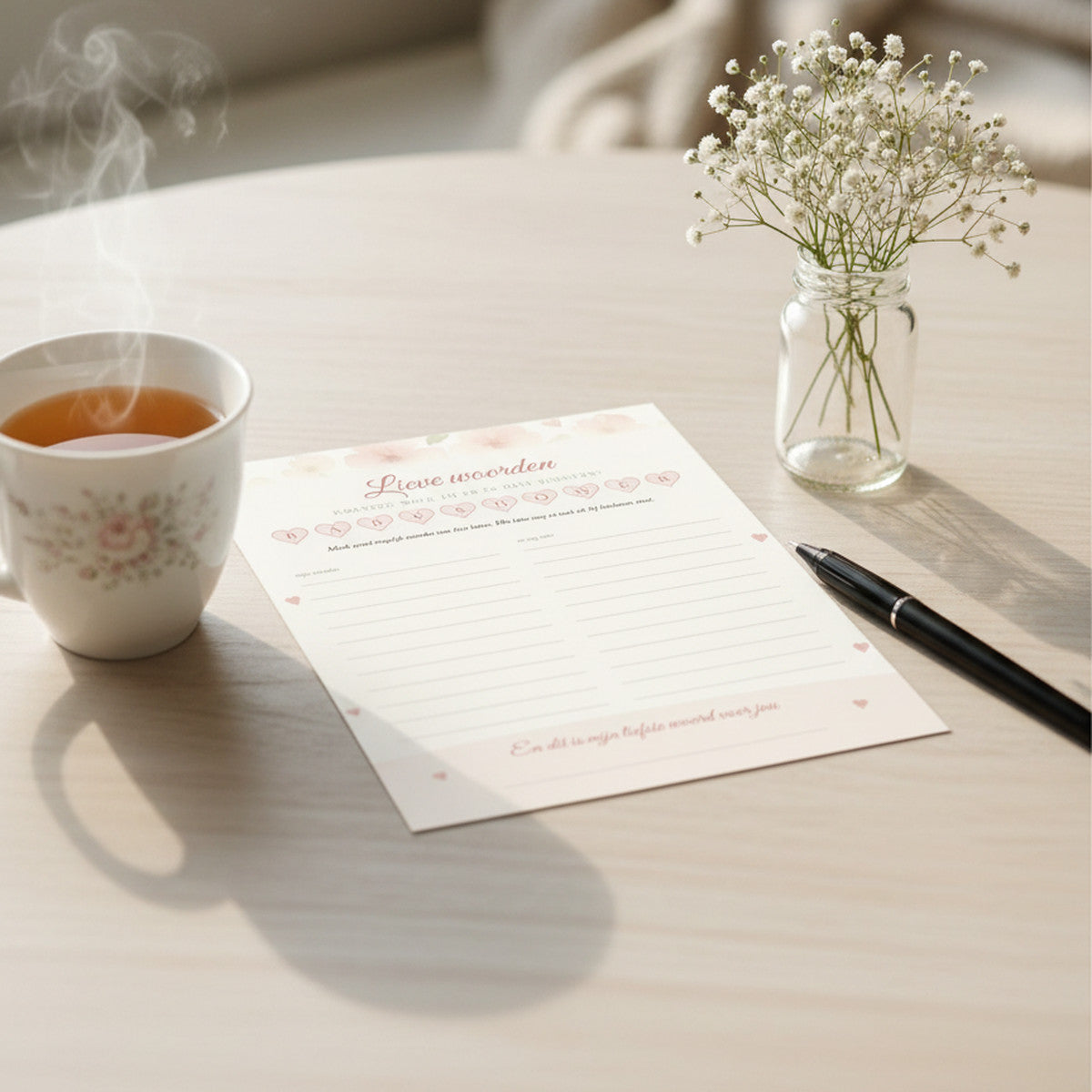Babyshower woordzoekerkaart op een houten tafel met een kopje thee en gipskruid