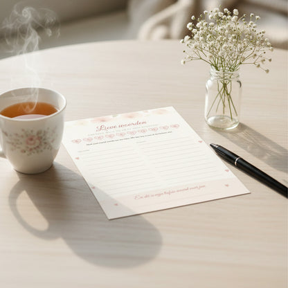 Babyshower woordzoekerkaart op een houten tafel met een kopje thee en gipskruid