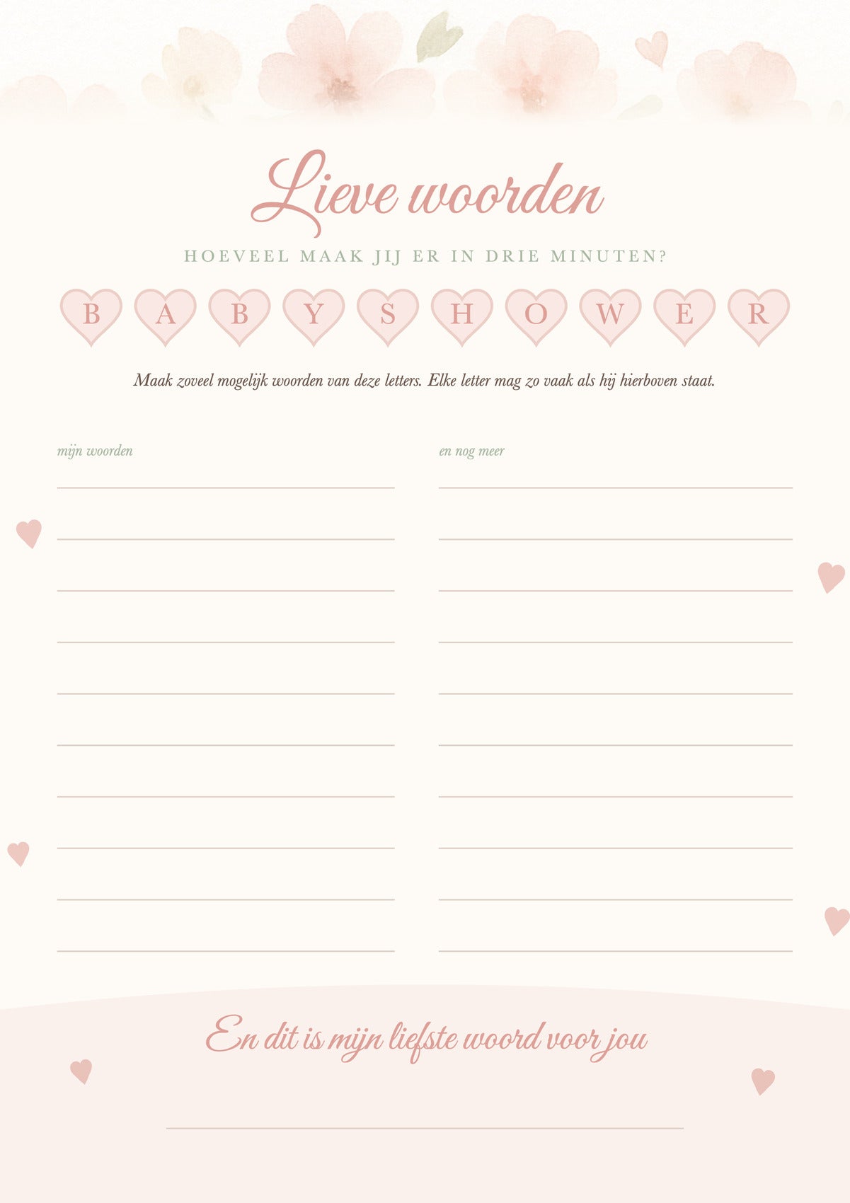Voorkant babyshower woordspel: maak woorden van de letters van BABYSHOWER in drie minuten