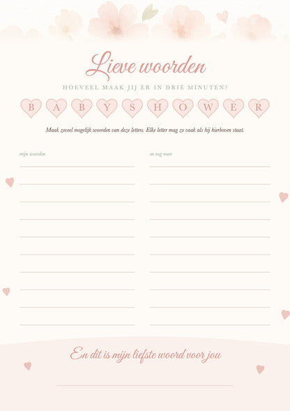Voorkant babyshower woordspel: maak woorden van de letters van BABYSHOWER in drie minuten