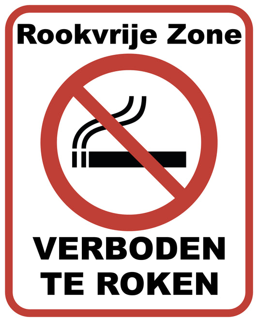 Dibond bord met de tekst RookVrije Zone Verboden te Roken met het verbod pictogram met Sigaret