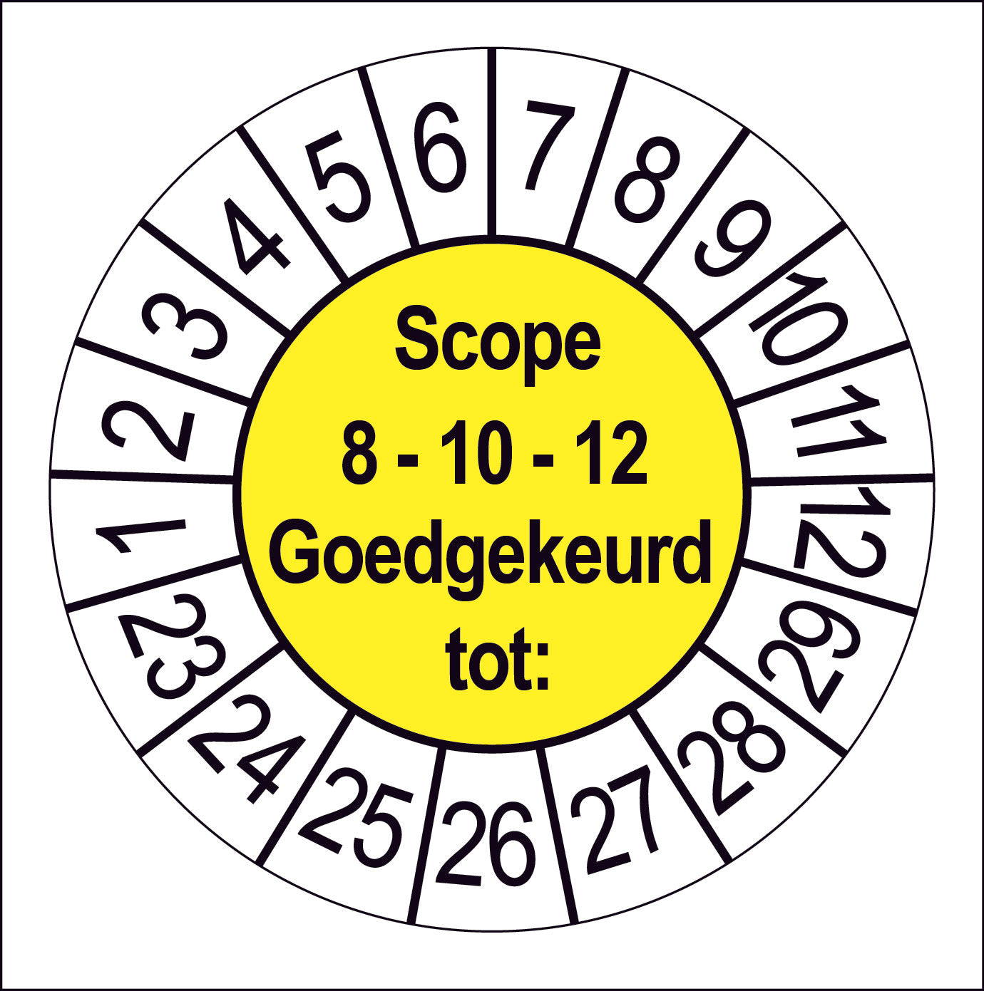 50 Keuringsstickers Scope 8-10-12 tot: Rond 35 mm jaartal 24 tot 30