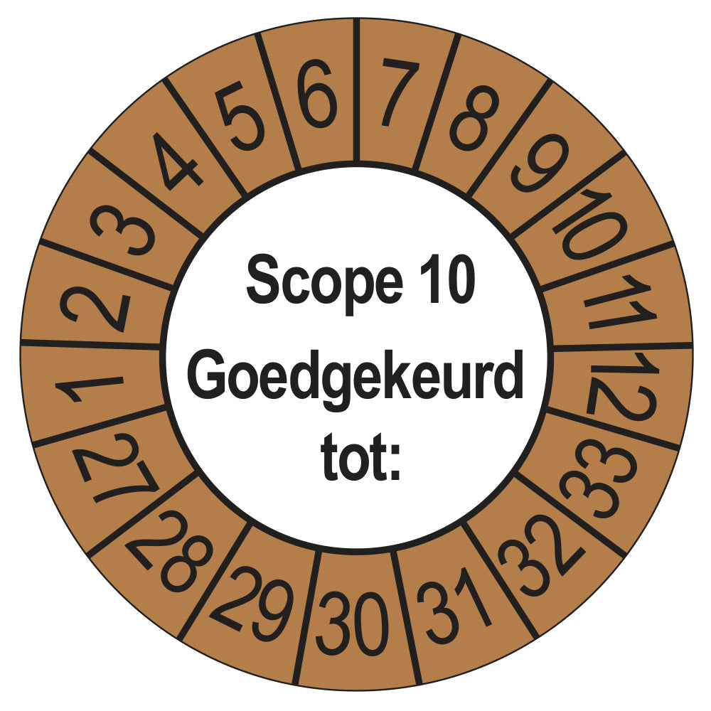 Keuringssticker SCIOS Scope 10 Goedgekeurd tot, buiten bruin, Ø 35 mm