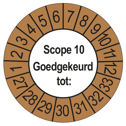 Keuringssticker SCIOS Scope 10 Goedgekeurd tot, buiten bruin, Ø 35 mm