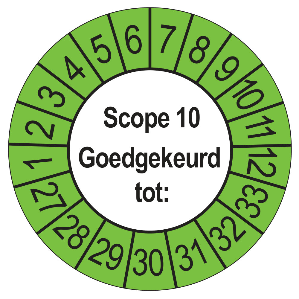 Keuringssticker SCIOS Scope 10 Goedgekeurd tot, buiten groen, Ø 35 mm