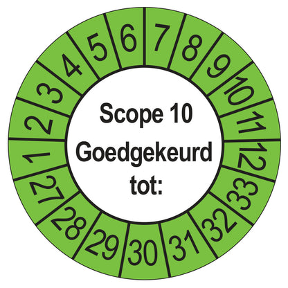 Keuringssticker SCIOS Scope 10 Goedgekeurd tot, buiten groen, Ø 35 mm