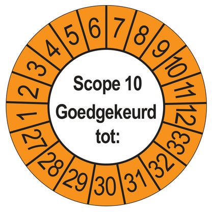 Keuringssticker SCIOS Scope 10 Goedgekeurd tot, buiten oranje, Ø 35 mm