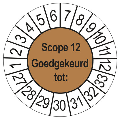 Keuringssticker SCIOS Scope 12 Goedgekeurd tot, bruin, Ø 35 mm